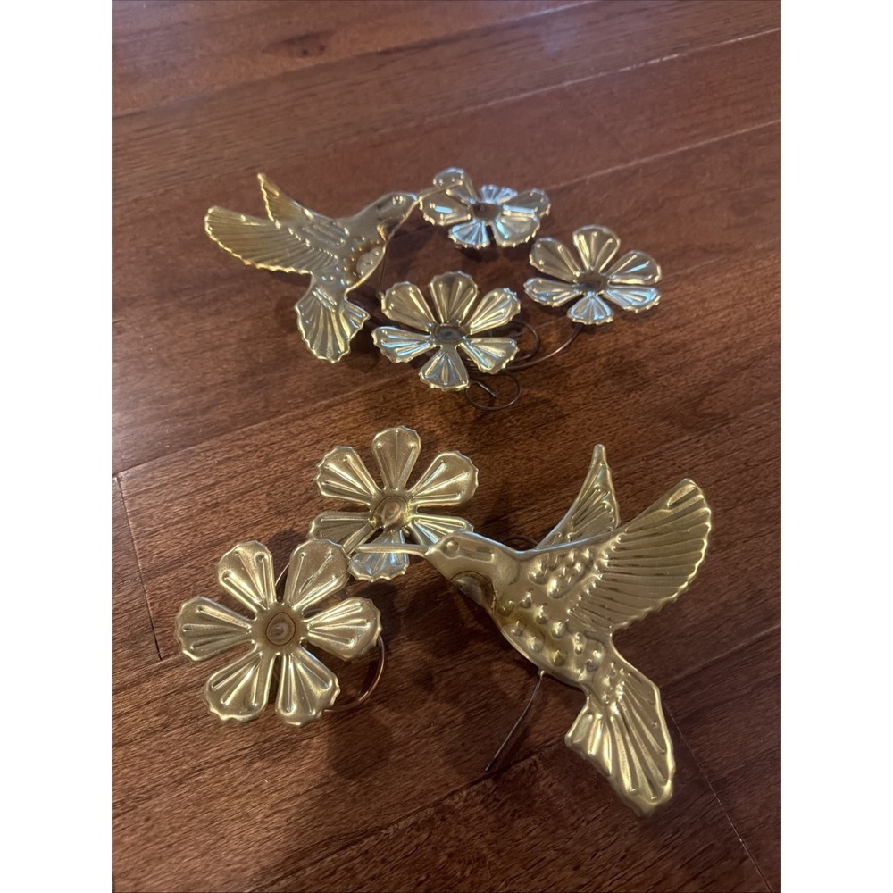 2 Vintage MC Home Interior Brass Copper Wire Hummingbird Flower Wall Decor